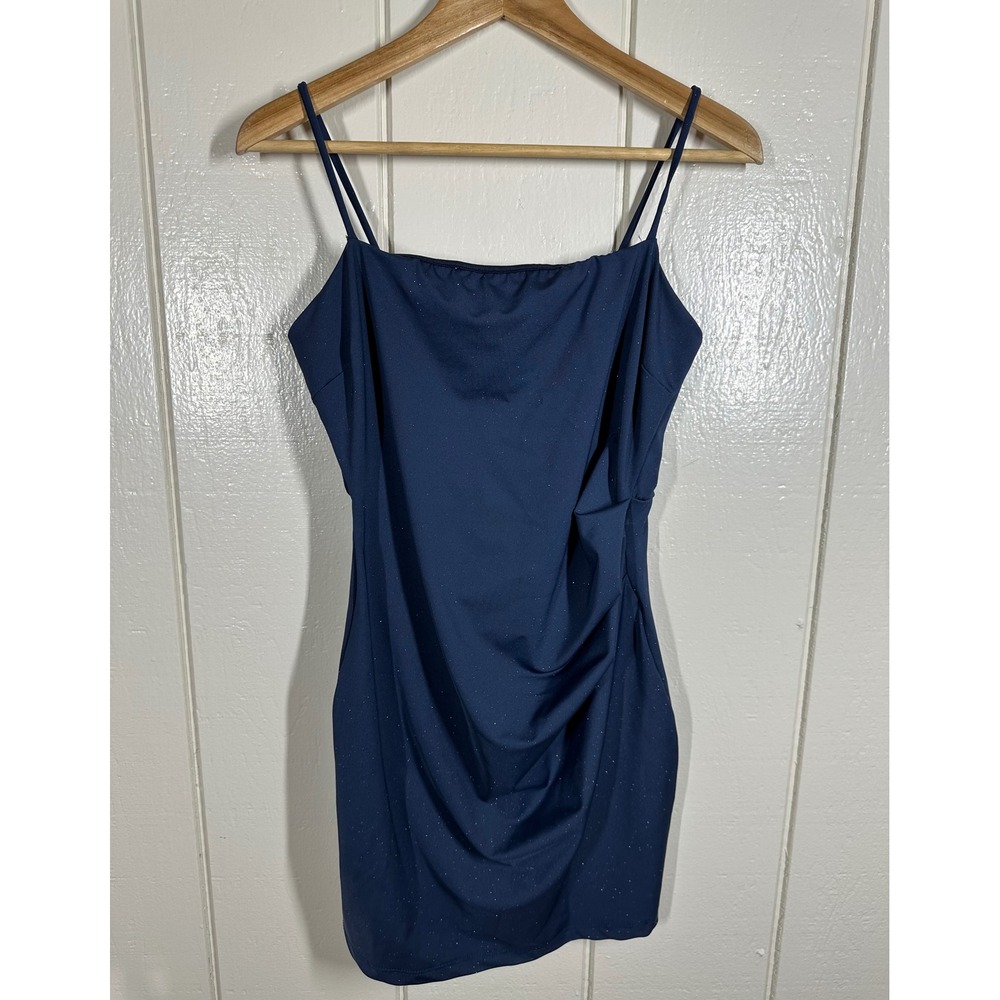 Lovely Day Dress Womens L Blue Bodycon Ruched Glitter Cowl Neck Mini Dress